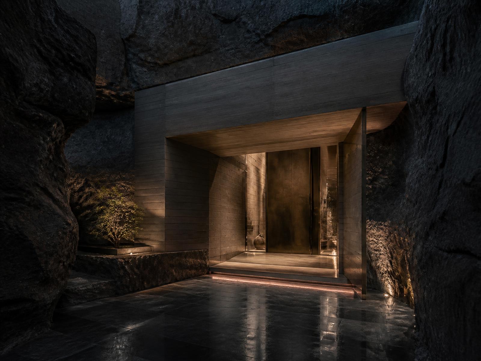 Refined protected residence entrance integrated into natural rock