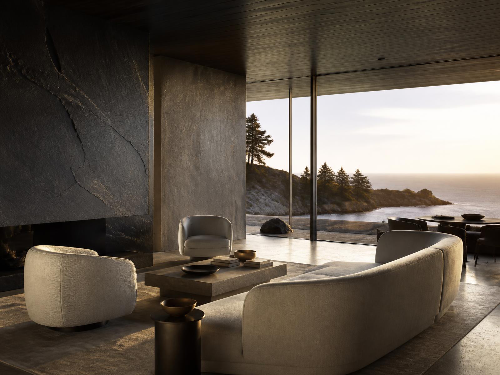 Discreet modern private residence interior overlooking the coast